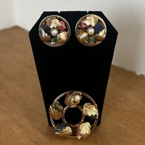 Pearl & Gemstones Brooch & Clip-on Earring Set-Vintage-Sarah Coventry-Gold Tone